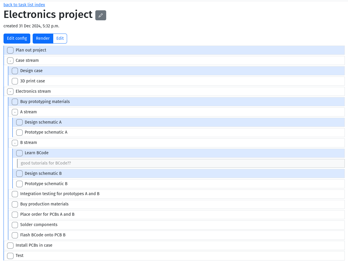 A graphical representation of a somewhat complicated (20-item) todo list for an electronics project.