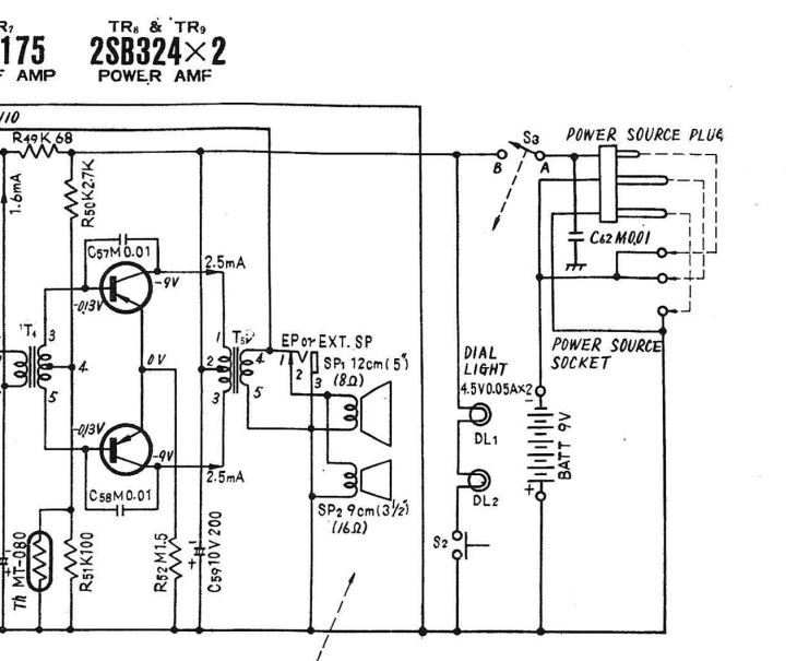 Power amplification stage of the Panasonic R100 transistor AM radio