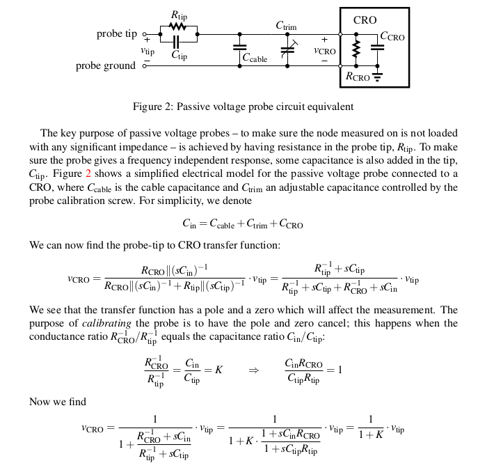 Diagram of a simplified electrical model for a passive voltage probe and accompanying analysis