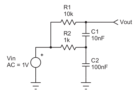 A circuit diagram consisting of two resistors and two capacitors